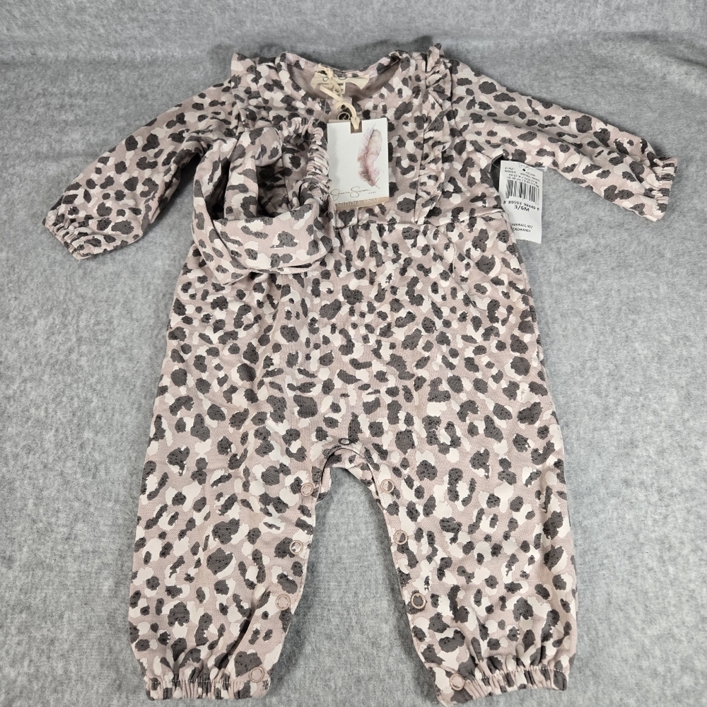 Jessica Simpson Baby 3-6 Month NWT Coveralls Headband Natural Animal Print Beige